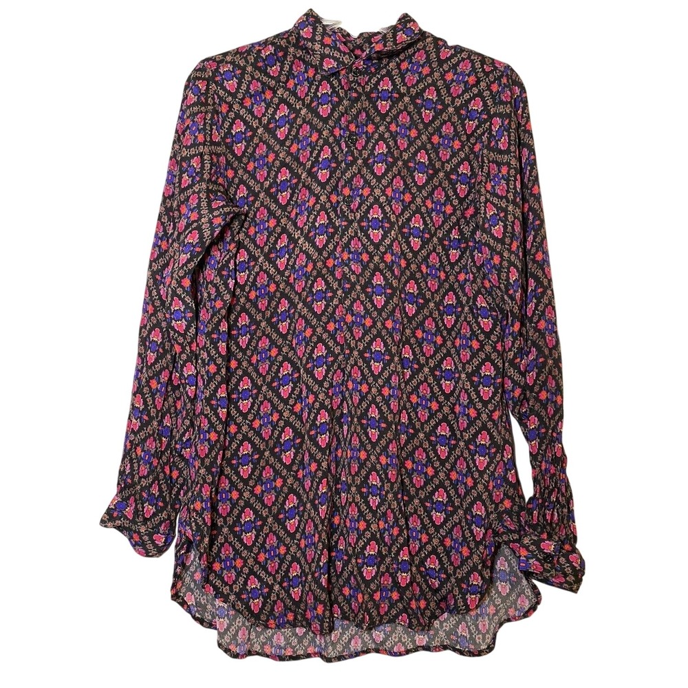APNY Apparel Medium Geometric Floral Button Down‎ Shirt Cupro Viscose Black